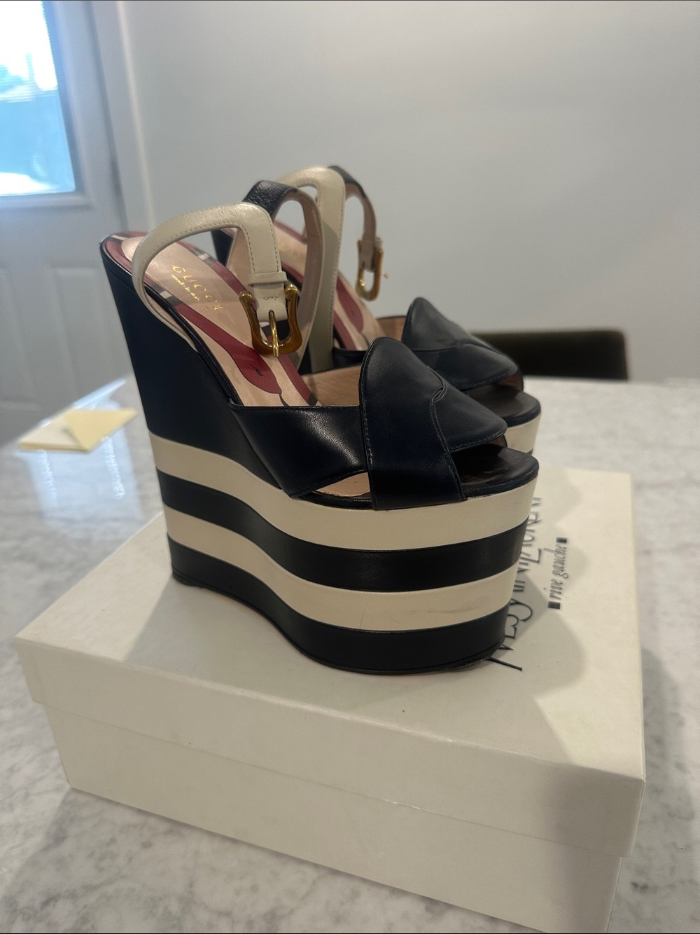 Gucci Black and Cream Striped Leather Wedge Sandals